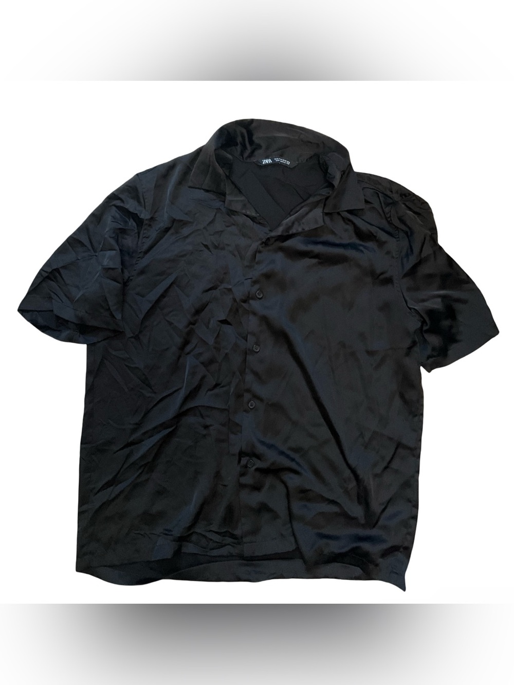 Zara Black Satin Button-Up Shirt Men’s Size Medium Short Sleeve Collared Top